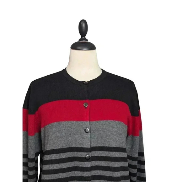 DressBarn Small Red Black Gray Striped Button Front Cardigan Knit Sweater - Picture 3 of 6